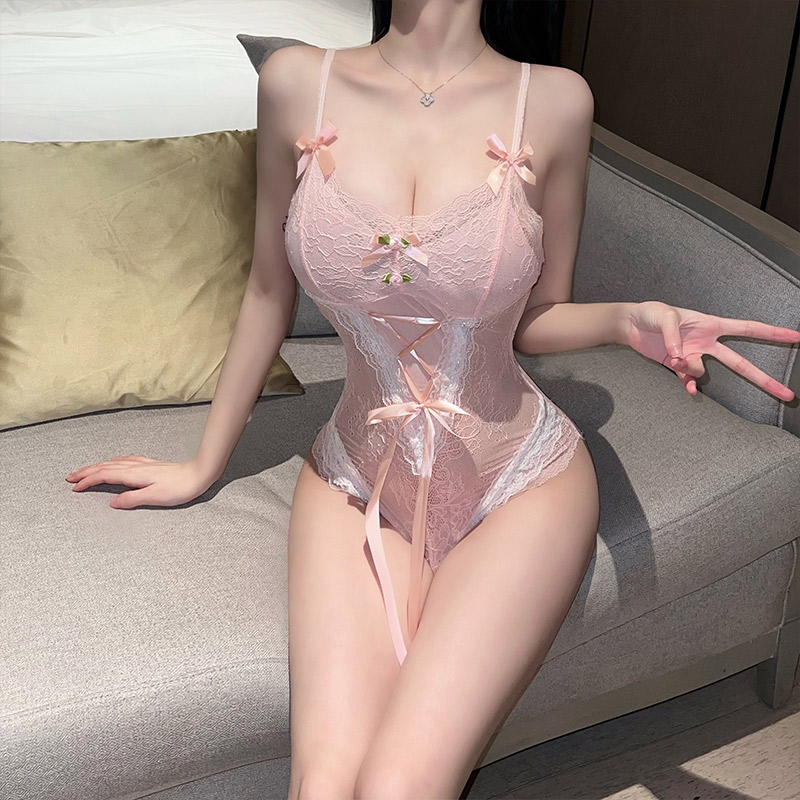 情趣衣H系列-H9724粉 性感深V蝴蝶结轻纱薄纱裙