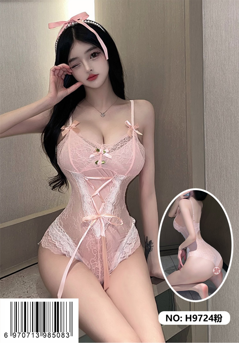 情趣衣H系列-H9724粉 性感深V蝴蝶结轻纱薄纱裙